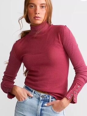 Free People Freya Mock Neck Top Ribbed Long Sleeve Burgundy Size Large